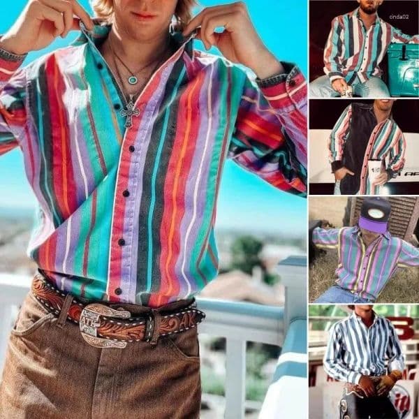 Men's casual shirts Summer Social Buttons Down Shirt Long Sleeve Western Cowboy Vintage Retro Printed Beach Clothing Men 2024 temperament versatile new trendy