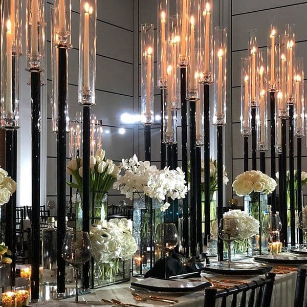 Wholesale black square base cylinder candlestick 9 arms tall cheap wedding candelabra acrylic table black centerpieces
