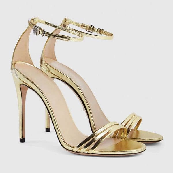 Dress shoes Metallic Leather Ankle-Strap stiletto Heels Sandals Round toe shoes rhinestone button up narrow band combination Women's Luxury Designers shoes
