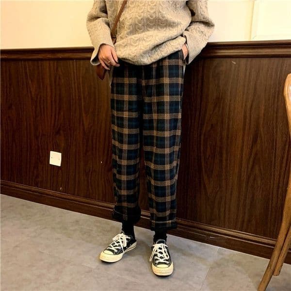 Women's Pants s Fashion Plaid Pant Autumn Winter Fleece Thick Loose Wide Leg High Waist Straight Female Woman's Casual Trousers 230914