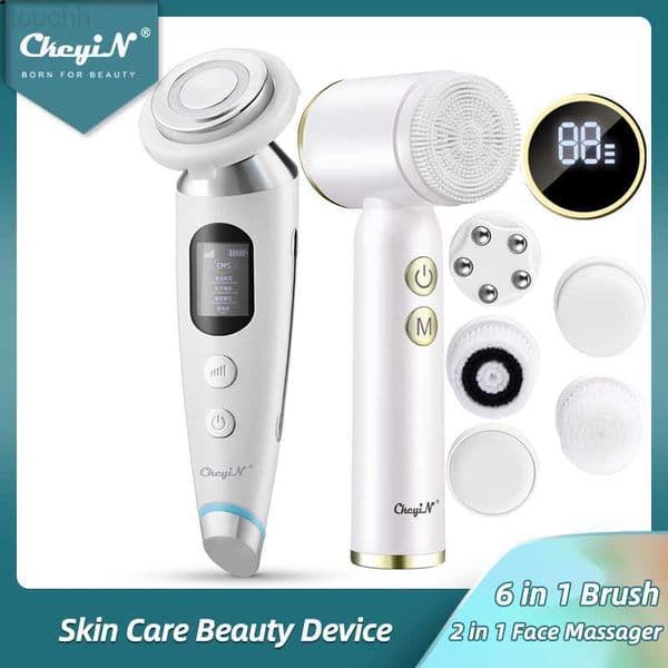Electric Face Scrubbers CkeyiN 6 in 1 Electric Rotation Facial Cleansing Brush Hot Compress Face Lifting Massager EMS LED Photon Skin Care Winkle Remove L230920