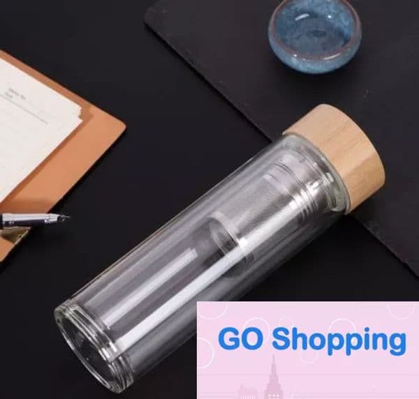 450ml Bamboo Lid Water Cups Double Walled Glass Tea Tumbler With Strainer And Infuser Basket Glass Water Bottles Wholesale