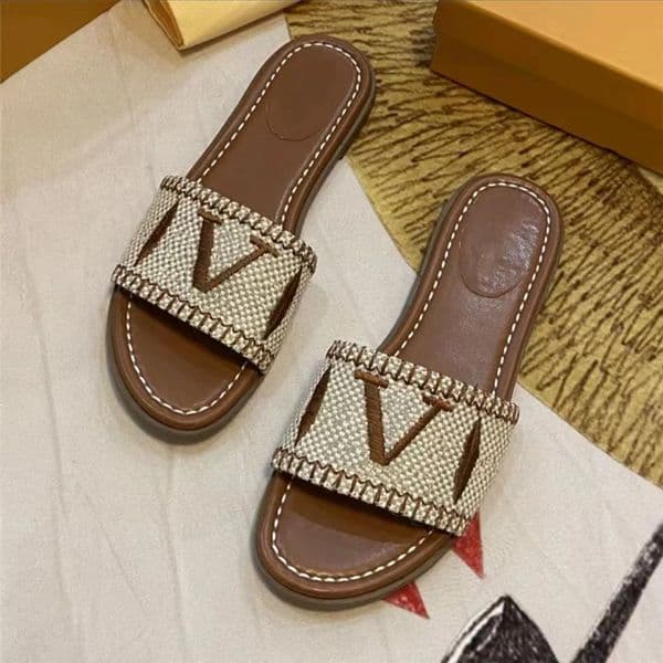 Sliders Designer Embroidered Flat Heel Sandals Women Slippers Mules Summer Black Brown Slides Beach Pool Slide Cotton Sandal Flip Flops slipper Low heels shoes