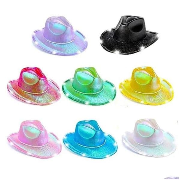 Led Hats Party White Light Up Cowboy Neon Cowgirl Hat Holographic Rave Fluorescent With Adjustable Windproof Cord For Halloween Costum Dhotm