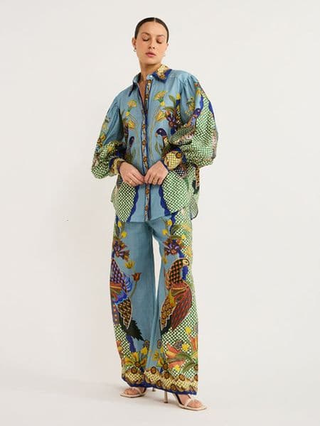 Womens Two Piece Pants In Birds Flower Printed Set Women Lantern Sleeve Lapel Shirts High Waist Flare Suit For Outfits 230925