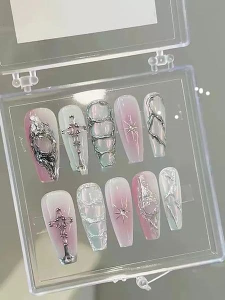 False Nails Metal magic mirror powder nail /Punk style nail/Y2k style Nails /Elegant Nails/3D nail/hand made Press on Nails/Press on Nails 230927
