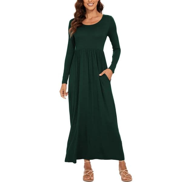 Basic Casual Dresses Womens Long Sleeve Loose Plain Maxi with Pockets 230927