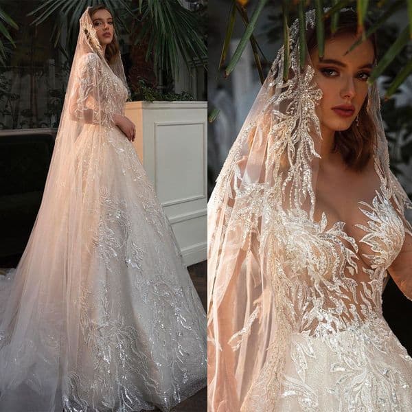 Elegant A-line Wedding Dresses Bateau Long Sleeves with Applicant and Sequins High Waist Court Gown Custom Made Plus Size Bridal Dress Vestidos De Novia