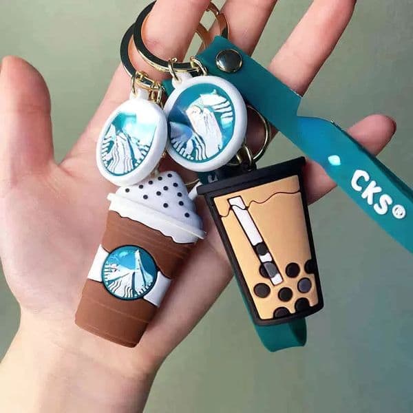 All-match Keychains PVC threedimensional star dad milk tea coffee cup key chain car ring cake decoration blind