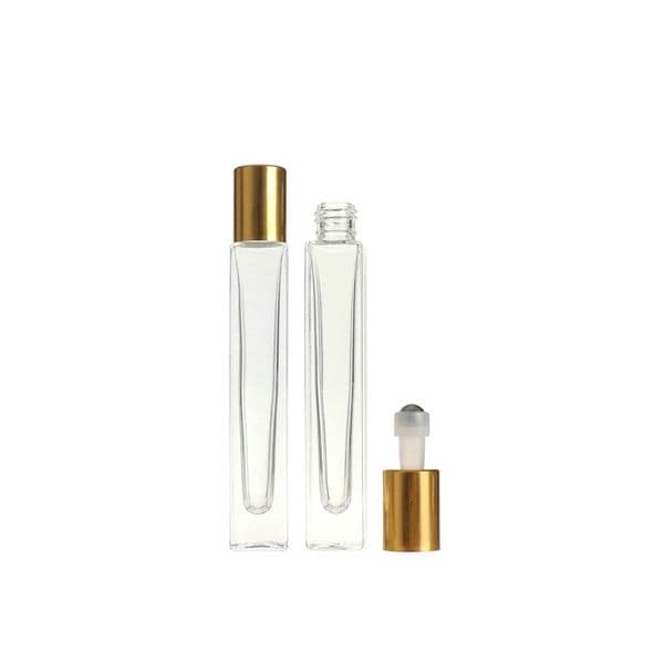 wholesale 10ml Empty Pen Square Clear Glass Roll on Bottle with gold cap stainless steel roller ball for Essential oil Perfume