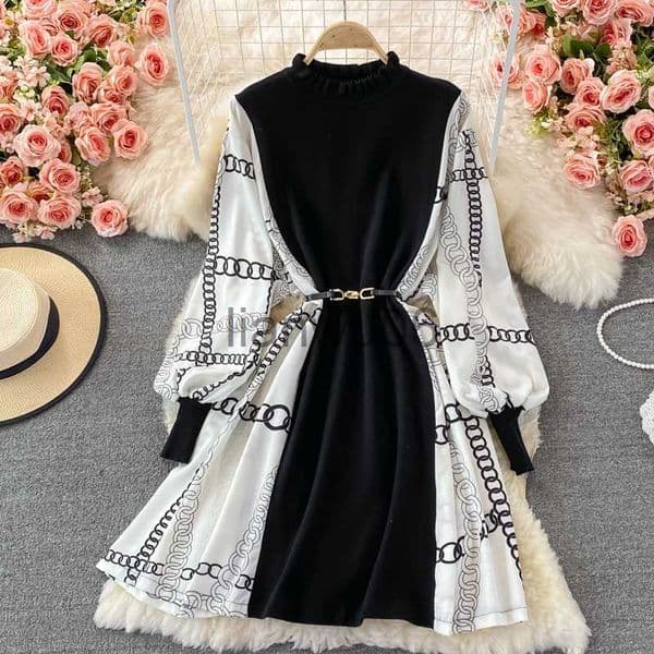 Basic Casual Dresses Autumn New Fashion Knitted Patchwork Short Dresses Women Vintage Print Long Sleeve Half Turtleneck Sweater Dress L260527