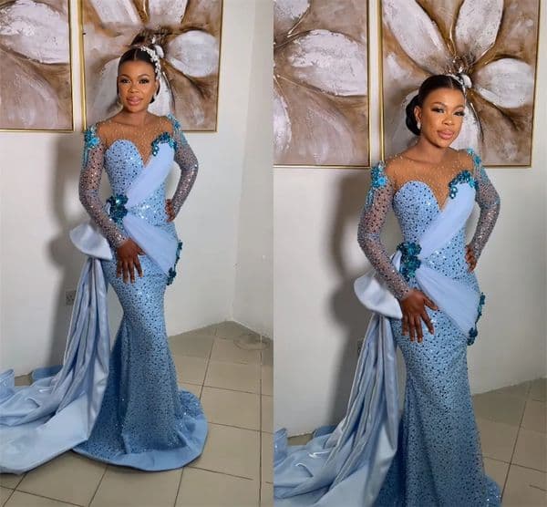 Ebi Aso Style Blue Beaded Mermaid Prom Dresses For Arabic Women With Train Sheer Neck African Long Sleeves Plus Size Evening Gowns