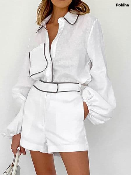 Women's Two Piece Pants Elegant Summer Patchwork Linen Pieces Set Fashion Long Sleeve Casual Loose Blouse T Shirts And Shorts Outfits Chic 230812
