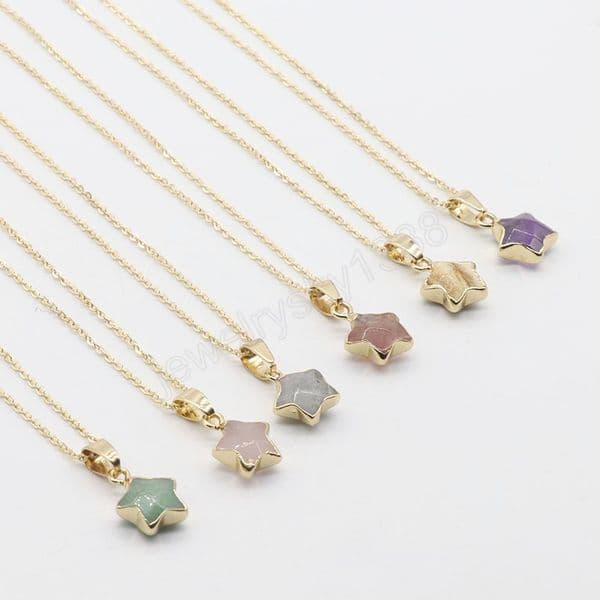 Pentagram Natural Stone Crystal Pendant Necklace Amethysts Rose Pink Quartz Clear Quartz Lapis Lazuli Semi Precious Jewelry