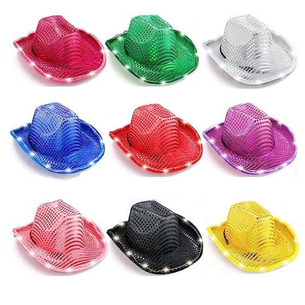 Luminous Cowboy LED Hat Flashing White Light Up Shiny Night Sequined Cowgirl Hats With Adjustable Windproof Cord For Halloween Costume Party Accessories