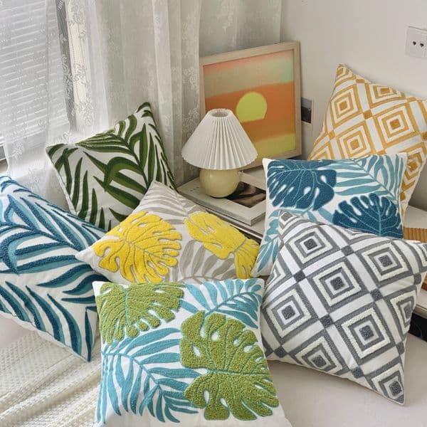 Embroidery Throw Pillow Covers 18x18 Inch Home Decor Tropical Leaf Palm Pattern Pillow Cover for Couch 100% Cotton Canvas Cushion Cover Plant Monstera Leaf Protector