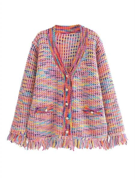 Womens Knits Tees Autumn Rainbow Color Knitted Sweater Women Fashion Tassel Decoration Cardigan Vintage SingleBreasted Causal Tops 230818