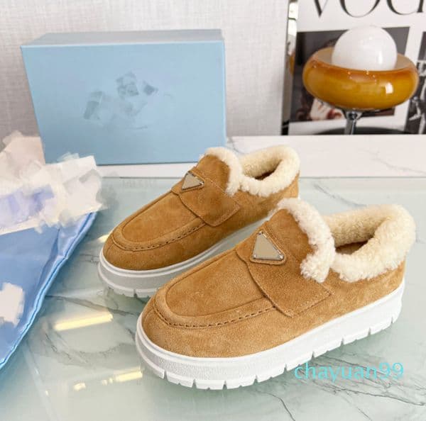 2023Women suede leather snow boots Monolith fur furry wool Casual Shoes Thick Bottom Gear Loafers shearling fleece winter warm Shoe Platform Sneakers
