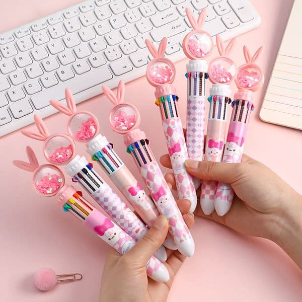 Ballpoint Pens 10Pcs/Lot Kawaii Cartoon Sequin Rabbit Ballpoint Pen 10 Colors Pen Cute Bunny School Office Stationery Multicolor Ball point Pen 230821