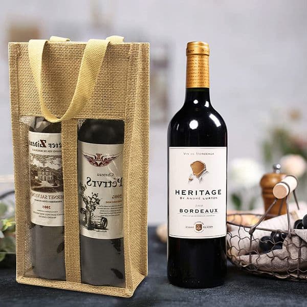 Burlap Wine Bags with Handles for Wine Bottles Gifts Double Window Red Wine Tote Bags Bulk Eco-friendly Wine Carrier Jute Bag