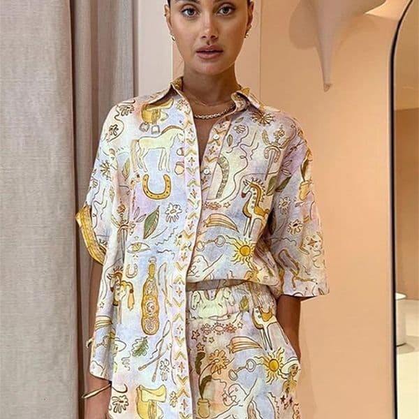 Women's Tracksuits Ins Pockage Printed Top Pant Set Women Elegant Turn Down Collar Half Sleeve Shirt Ladies Wide Leg Trouser Suits Fashion Outfit 230825