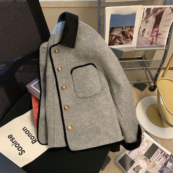Women s Jackets Short Grey Quilted Coats Vintage Women Clothing Contrast Lapel Woolen Jacket Autumn Winter Harajuku Jaquetas Chaqueta 230826 W260417