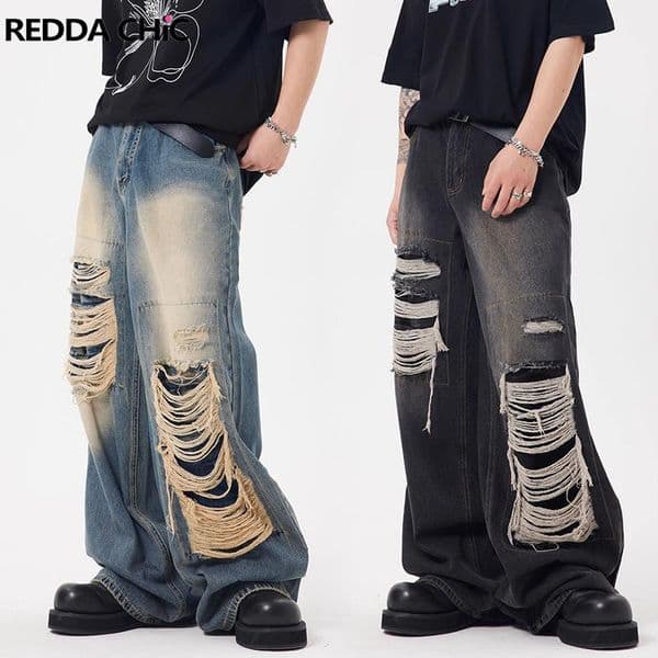Men's Jeans REDDACHiC Retro Y2k Men Baggy Jeans Big Size Ripped Holes Wide Leg Denim Pants Bleached Casual Loose Trousers Hip-hop Streetwear 230827