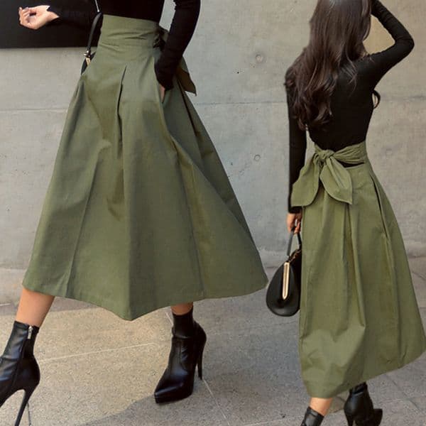 Skirts Shintimes Skirts Womens Korean Fashion Solid Color Big Swing Women Skirt Long Skirt Autumn Wild High Waist Bow Slim Skirts 230301
