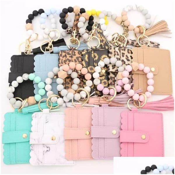 Party Favor Pu Leather Bracelet Wallet Keychain Tassels Bangle Key Ring Holder Card Bag Sile Beaded Wristlet Keychains Handbag Women Pulsera Cartera Llavero