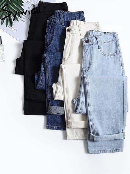 Women's Jeans Syiwidii 4 Color Mom Jeans Woman Elastic Waist High Wais Denim Pants Boyfriend Jeans for Women Washed Cotton Fashion 230311