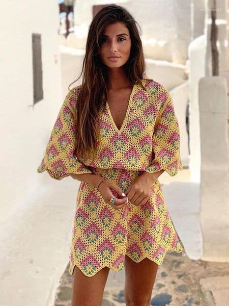 Party Dresses Summer Dress Women 2023 Bohemian Retro Vacation Argyle Checked Crochet Knit Collared V Neck Short Sleeve Mini Shift