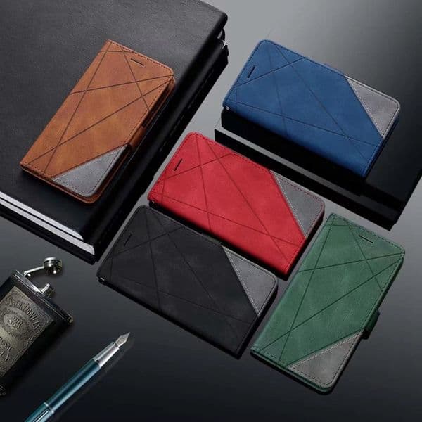 Contrast Skin Feel Leather Wallet Cases For Iphone 17 Air 16E 16 Pro Max 15 Plus 14 13 12 11 XR XS 8 7 6 Geometry Hybrid Credit ID Card Slot Holder Flip Cover
