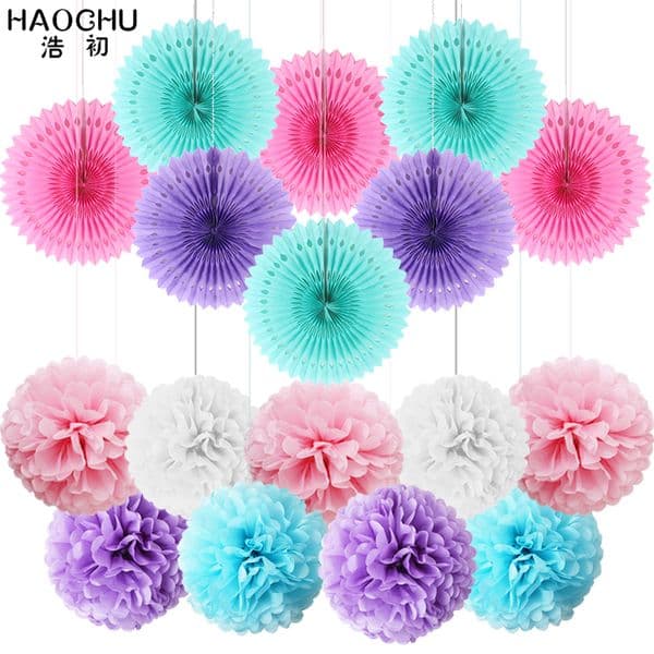 Other Event Party Supplies 17pcs/Set Tissue Paper Cut-Out Paper Fans Pinwheels Mixed Fan Pompom Hanging Flower Paper Crafts Wedding Party Birthday Festival 230329