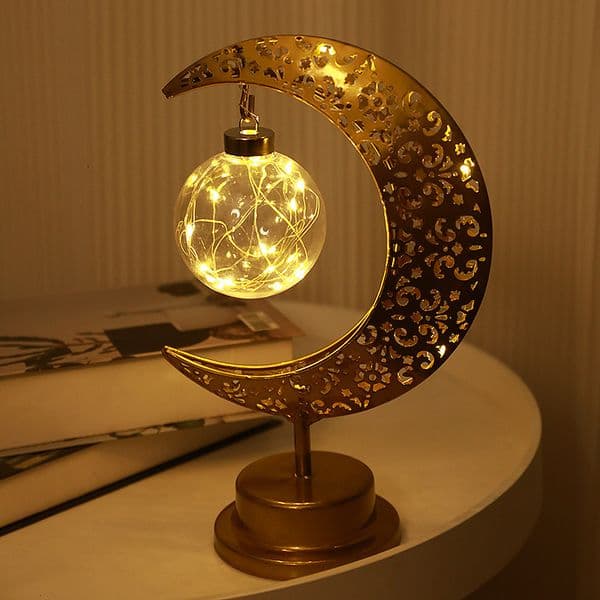 Other Event Party Supplies Moon Lunar LED Night Lamp with Stand Gold Metal Lunar Star Fairy Table Light Ornament Ramandan Decoration Room Festival Gift 230329