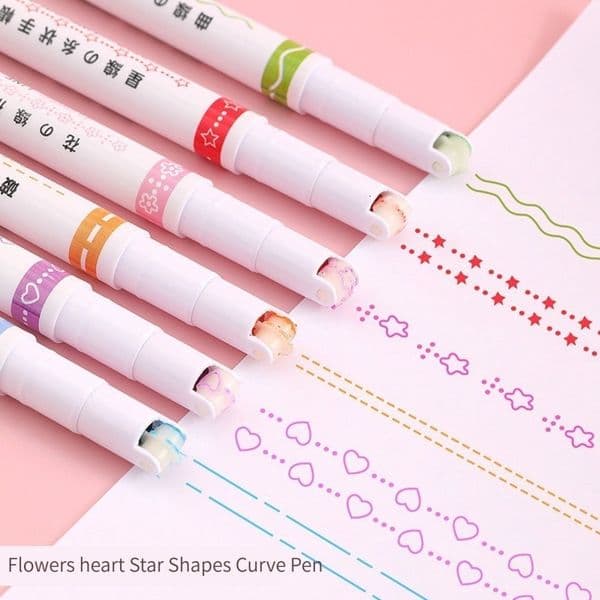 Ballpoint Pens 16Pcsset Kawaii Flowers Line Shaped Highlighter Gel Roller Tip Curve Liner Marker for Journaling Drawing Cute Stationery 230503