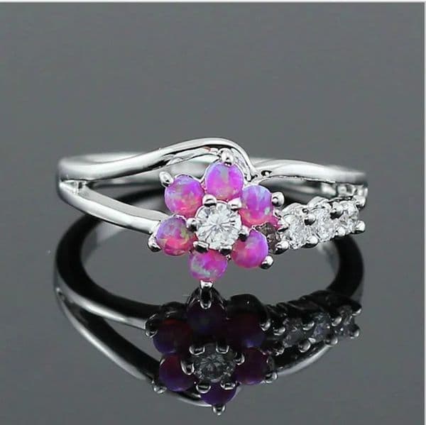 Sun Flower Opal Crystal Zircon Rings for Women Jewelry Vintage Pink Blue Engagement Ring Women