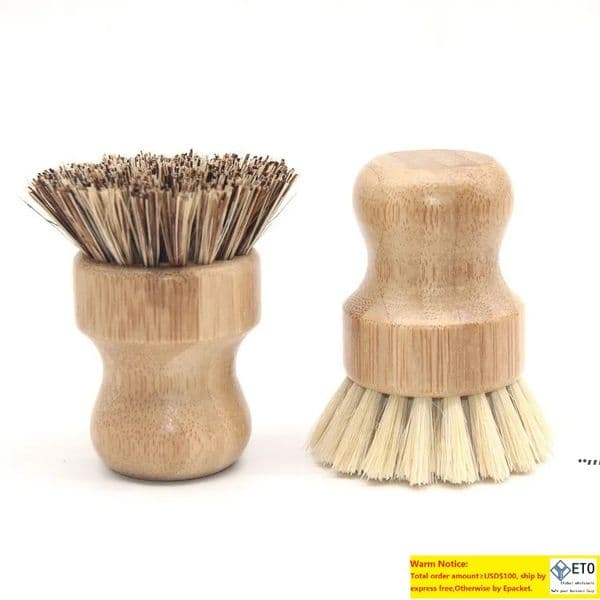 Round Wood Brush Handle Pot Dish Household Sisal Palm Bamboo Kitchen Chores Rub Cleaning Brushes