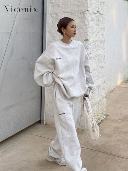 Women's Two Piece Pants Nicemix American Vintage Gray Casual Sports Suit Female Autumn Loose Grunge O-neck Sweatshirt Leggings Trousers Two-piece Set 230511