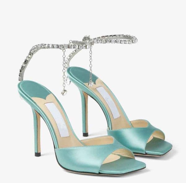 Luxury Women Satin sandal high heels shoes SAEDA SANDAL 100mm Crystal ice white gold particle glitter sandals Square toe strass ankle strap with box