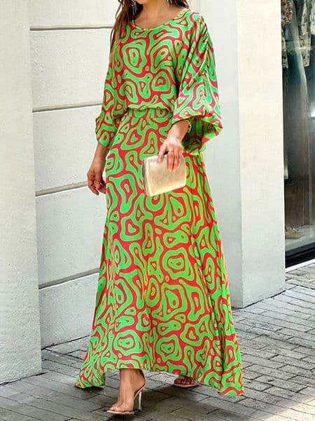 Two Piece Dress Women Two Piece Set Crew Neck Print Long Lantern Sleeve Top Elegant Long Dress High Streetwear Casual Beach Suit 230512