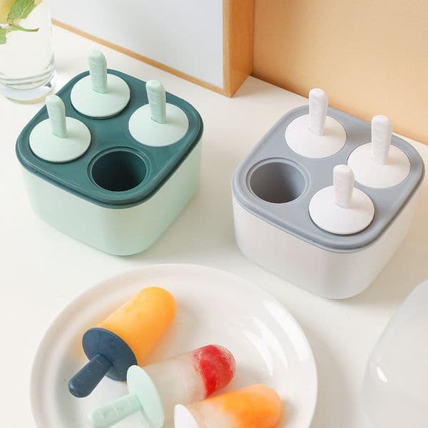 Ice Cream Tools 4 cells Baby DIY Ice Cream Tray Ice Maker With Lid and Sticks Forms for Ice Reusable Box Kitchen Tools Stocked Juices Purees Box 230512