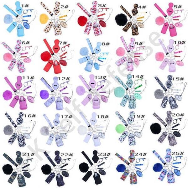 Self Defense Keychain Set For Women Pompom Hand Sanitizer Wrist strap Lipstick Keychains Bottle Opener Factory Multi Colors Alarm Pompom Wristlet Suit