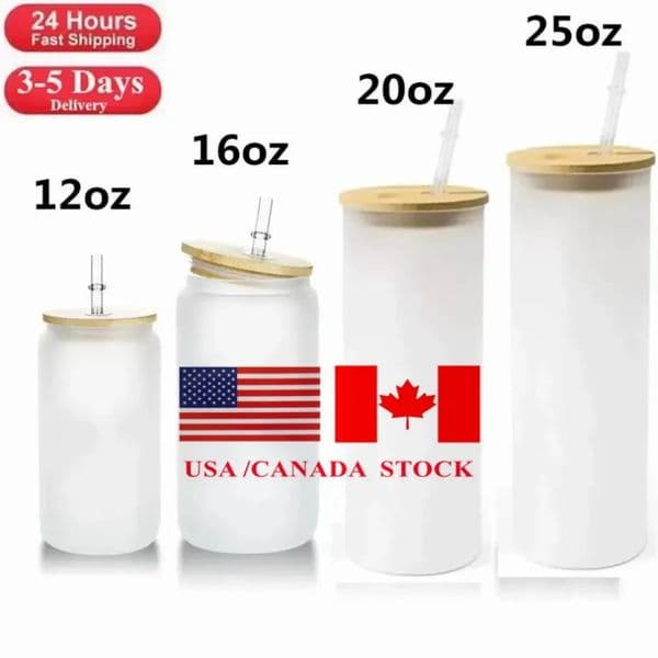 USA /CA Local Warehouse 16oz Sublimation Tumblers Blan Straight Frosted Clear Transparent Iced Coffee Glass Mugs Water Cups with Bamboo Lid And Straws 0516