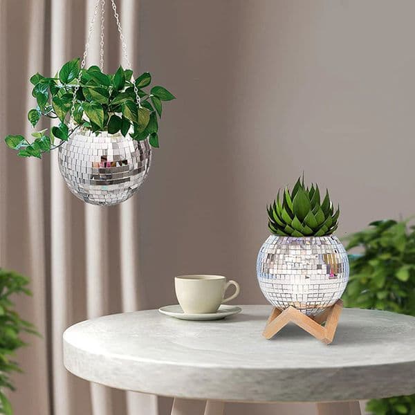 Vases Disco Ball Flower Planter Pots Rope Mirror Hanging Basket Hanging Flower Pot For Indoor Plants Bohemian Style Garden Decor Vase 230522