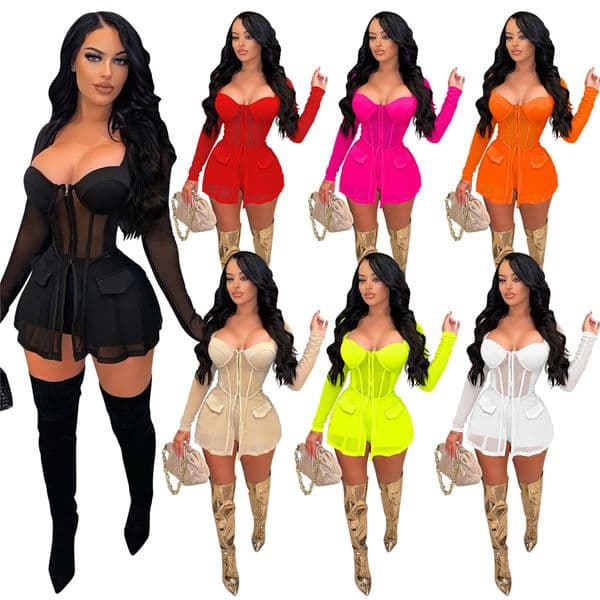 Designer Tracksuits Summer Mesh Two Piece Sets Women Outfits Sexy Sheer see through Long Sleeve Strapless Top and Shorts Night Club Wear Wholesale Clothing 9925