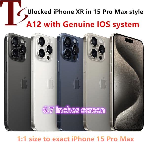 refurbished Original Unlocked XR Coverted to iPhone 15 Pro Max style 6.7 inches Cellphone with 15pro max Camera appearance 3G RAM 64GB 128GB 256GB ROM Mobile phone