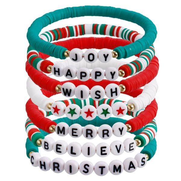 Christmas Bracelets Set Stackable Heishi Surfer Beaded Letter Santa Claus Tree Xmas Bracelet Handmade Women's Clay Stretch Holiday Jewelry for Woman Girls Gifts