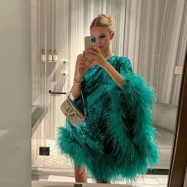 Glitter Green Feathers Sequined Prom Dresses One Shoulder Mini Cocktail Party Dress Ostrich Short Night Club Wear Youmaidress