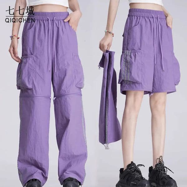 Women's Pants Capris Summer Pants Women Removable Shorts Reflective Strips Quick Drying Pants Hip Hop Straight Wide Leg Trousers Female Streetwear 231212