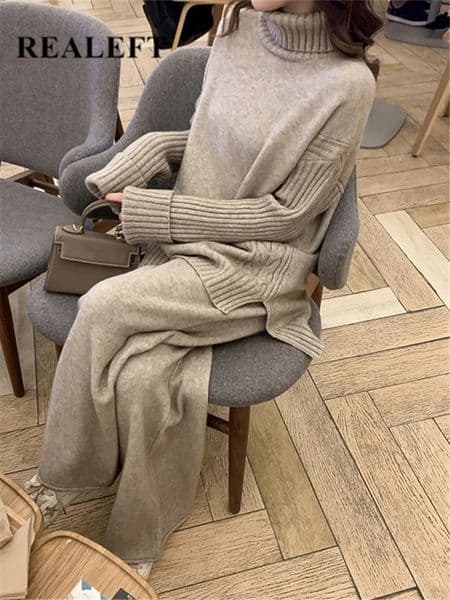 Women's Two Piece Pants Autumn Winter 2 Pieces Women Sets Knitted Tracksuit Turtleneck Sweater and Wide Leg Jogging Pant Pullover Suits 231212